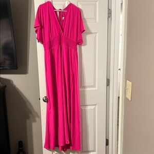 Bright Pink V-Neck Maxi Dress with Smocked Waist and Back Tie